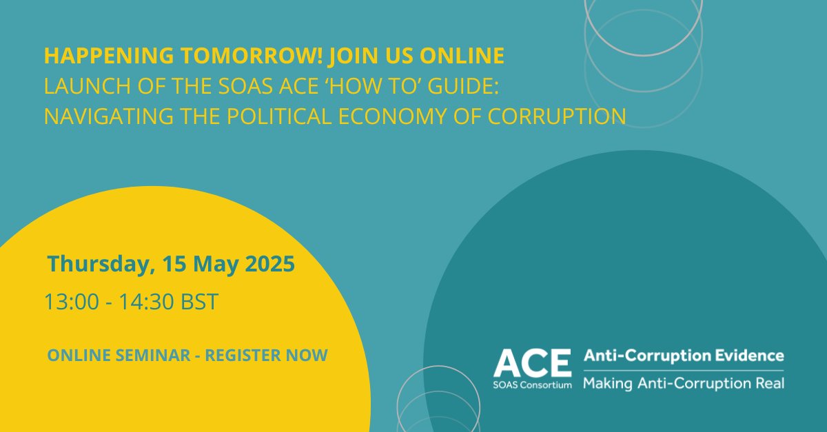 SOAS ACE (@ace_soas) on Twitter photo 🚨 Happening TOMORROW!
Join us for the launch of our new anti-corruption “how-to” guide — practical tools for real-world impact.
🗓️ 15 May | 13:00–14:30 BST
🎙️ <a href="/alanhudson1/">Alan Hudson</a> <a href="/mushtaqkhan100/">Mushtaq Khan</a> <a href="/RoyPallavi2/">Pallavi Roy</a>
💻 MS Teams – register: tinyurl.com/35cuhm7s
#anticorruption 🚨 Happening TOMORROW!
Join us for the launch of our new anti-corruption “how-to” guide — practical tools for real-world impact.
🗓️ 15 May | 13:00–14:30 BST
🎙️ <a href="/alanhudson1/">Alan Hudson</a> <a href="/mushtaqkhan100/">Mushtaq Khan</a> <a href="/RoyPallavi2/">Pallavi Roy</a>
💻 MS Teams – register: tinyurl.com/35cuhm7s
#anticorruption