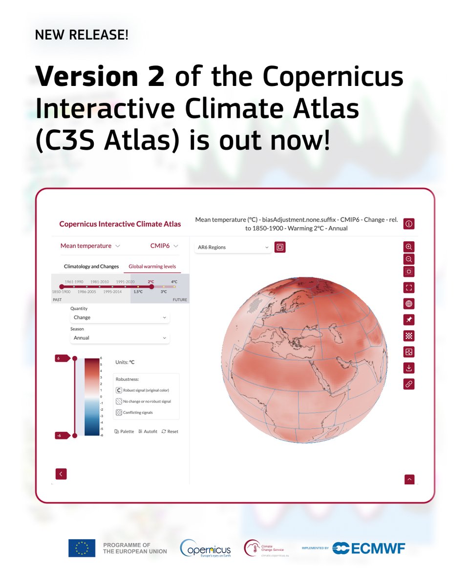 Exciting update! Version 2 of the Copernicus Interactive Climate Atlas (C3S Atlas) dataset and viewer is here! New features, data sources, indices and variables. Explore now! atlas.climate.copernicus.eu/atlas