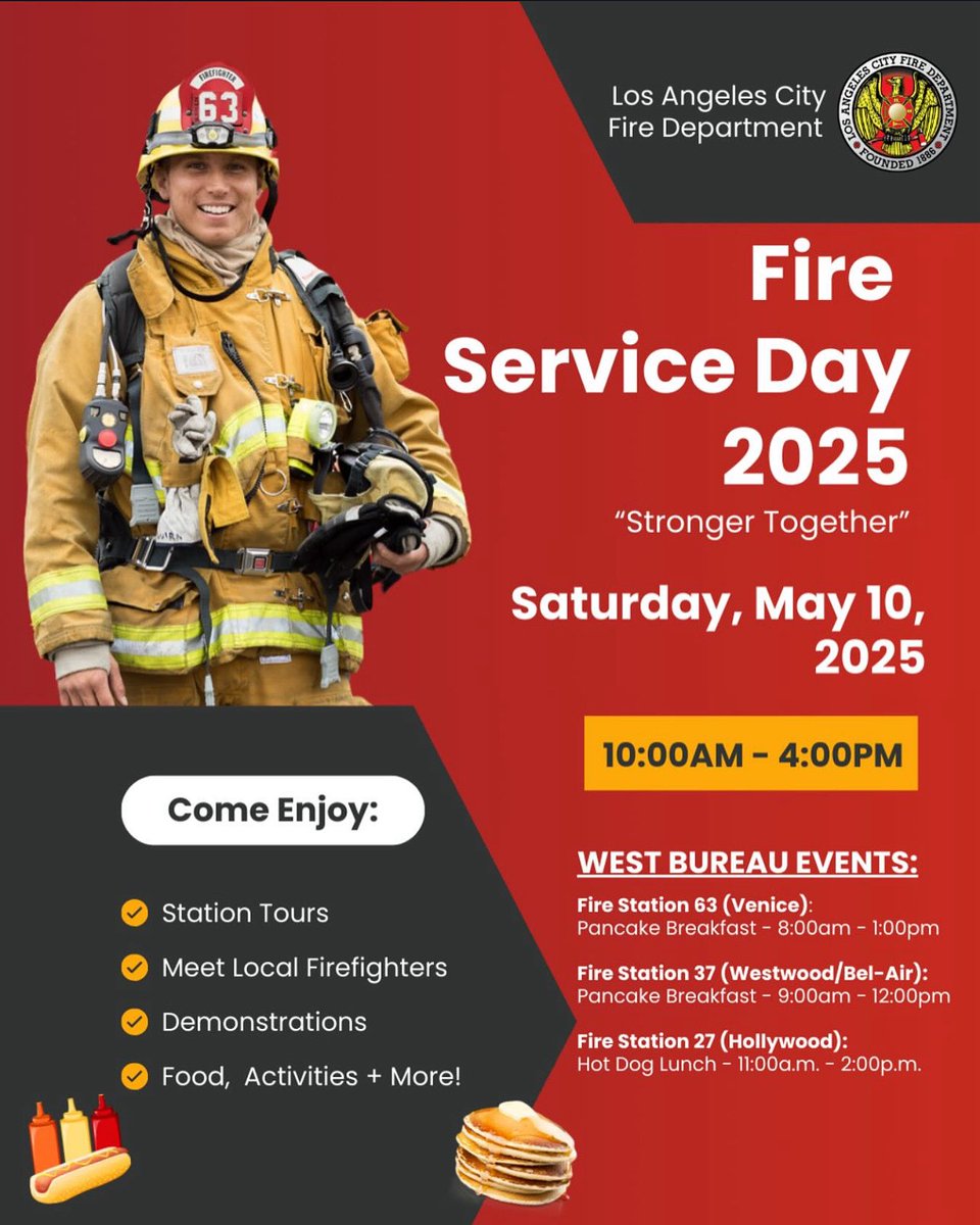 friendswla's tweet photo. One of our FOWLA supported stations, LAFD Station 37, will be hosting a Pancake Breakfast on Fire Service Day this Saturday. Please go visit their station between 9:00 am - 12pm to get some of their delicious pancakes and meet them in person!

@lafdwestbureau @LAFD https://t.co/oA2n5xxeEK