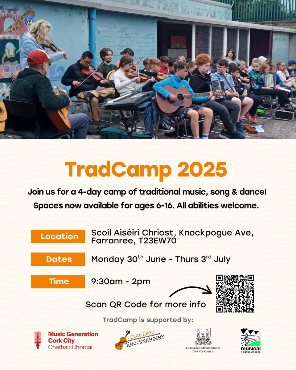CreativeTradit1's tweet image. Registration is now open for TradCamp 2025! The camp is open to all young tradmusicians, newcomers included! Join us for 4 fun-filled days of music, song, dance and craic! Thanks to @MusicGenCC
Register here: tinyurl.com/ymbww565