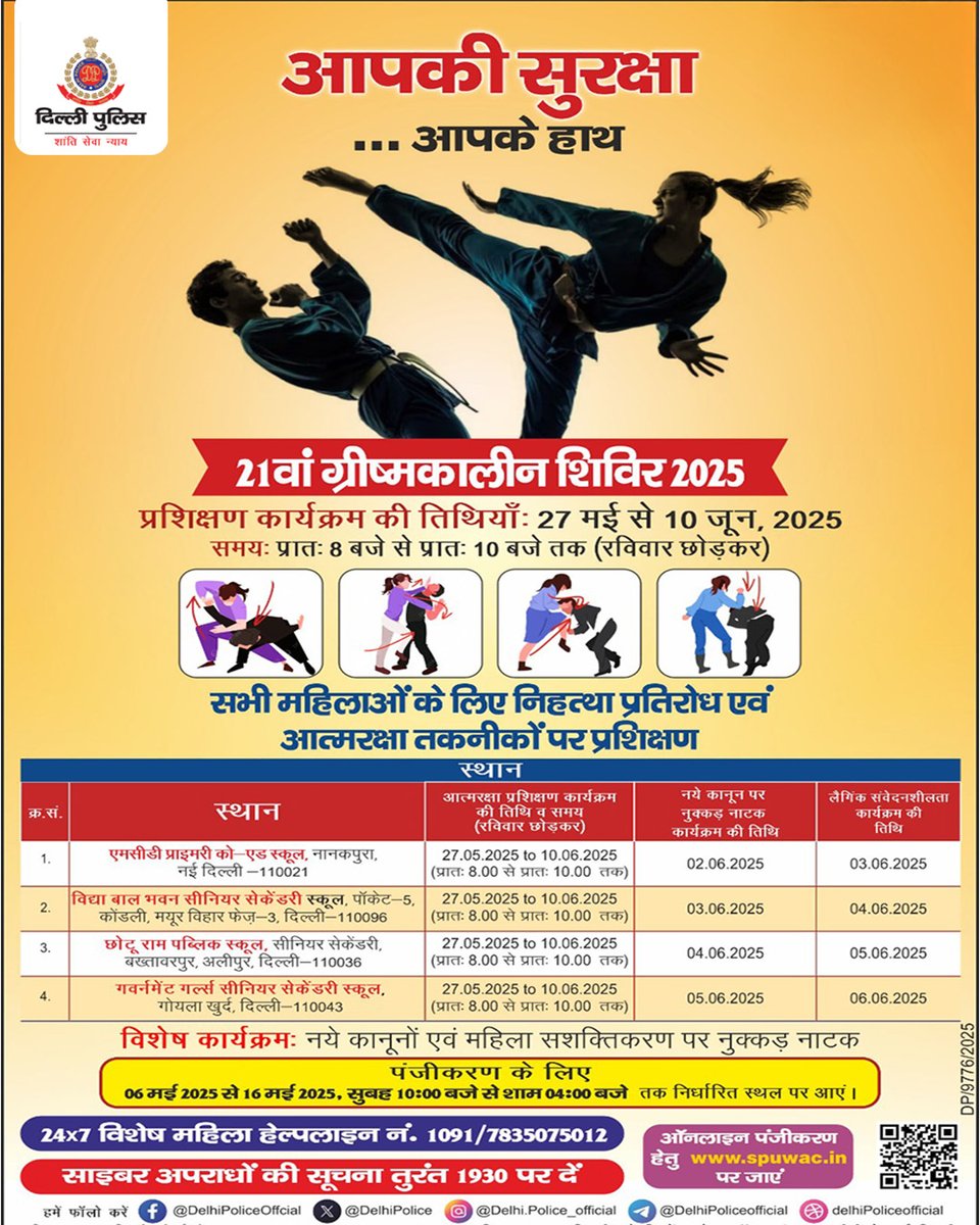 Delhi Police (@delhipolice) on Twitter photo ЁЯЪФ рдЖрдкрдХреА рд╕реБрд░рдХреНрд╖рд╛... рдЖрдкрдХреЗ рд╣рд╛рде
рджрд┐рд▓реНрд▓реА рдкреБрд▓рд┐рд╕ рд▓рд╛ рд░рд╣реА рд╣реИ 21рд╡рд╛рдВ рдЧреНрд░реАрд╖реНрдордХрд╛рд▓реАрди рд╢рд┐рд╡рд┐рд░ 2025 тАФ рдорд╣рд┐рд▓рд╛рдУрдВ рдХреЗ рд▓рд┐рдП рдирд┐рдГрд╢реБрд▓реНрдХ рдЖрддреНрдорд░рдХреНрд╖рд╛ рдкреНрд░рд╢рд┐рдХреНрд╖рдг
рджрд┐рдирд╛рдВрдХрдГ 27 рдордИ рд╕реЗ 10 рдЬреВрди (рд░рд╡рд┐рд╡рд╛рд░ рдЫреЛрдбрд╝рдХрд░), рд╕реБрдмрд╣ 8 рд╕реЗ 10 рдмрдЬреЗ
рджрд┐рд▓реНрд▓реА рдХреЗ рд╡рд┐рднрд┐рдиреНрди рд╕реНрдерд╛рдиреЛрдВ рдкрд░
ЁЯеЛрдЖрддреНрдордирд┐рд░реНрднрд░ рдмрдиреЗрдВ, рд╕рд╢рдХреНрдд рдмрдиреЗрдВ!
ЁЯФЧ рдЕрднреА рд░рдЬрд┐рд╕реНрдЯрд░ рдХрд░реЗрдВ: ЁЯЪФ рдЖрдкрдХреА рд╕реБрд░рдХреНрд╖рд╛... рдЖрдкрдХреЗ рд╣рд╛рде
рджрд┐рд▓реНрд▓реА рдкреБрд▓рд┐рд╕ рд▓рд╛ рд░рд╣реА рд╣реИ 21рд╡рд╛рдВ рдЧреНрд░реАрд╖реНрдордХрд╛рд▓реАрди рд╢рд┐рд╡рд┐рд░ 2025 тАФ рдорд╣рд┐рд▓рд╛рдУрдВ рдХреЗ рд▓рд┐рдП рдирд┐рдГрд╢реБрд▓реНрдХ рдЖрддреНрдорд░рдХреНрд╖рд╛ рдкреНрд░рд╢рд┐рдХреНрд╖рдг
рджрд┐рдирд╛рдВрдХрдГ 27 рдордИ рд╕реЗ 10 рдЬреВрди (рд░рд╡рд┐рд╡рд╛рд░ рдЫреЛрдбрд╝рдХрд░), рд╕реБрдмрд╣ 8 рд╕реЗ 10 рдмрдЬреЗ
рджрд┐рд▓реНрд▓реА рдХреЗ рд╡рд┐рднрд┐рдиреНрди рд╕реНрдерд╛рдиреЛрдВ рдкрд░
ЁЯеЛрдЖрддреНрдордирд┐рд░реНрднрд░ рдмрдиреЗрдВ, рд╕рд╢рдХреНрдд рдмрдиреЗрдВ!
ЁЯФЧ рдЕрднреА рд░рдЬрд┐рд╕реНрдЯрд░ рдХрд░реЗрдВ: