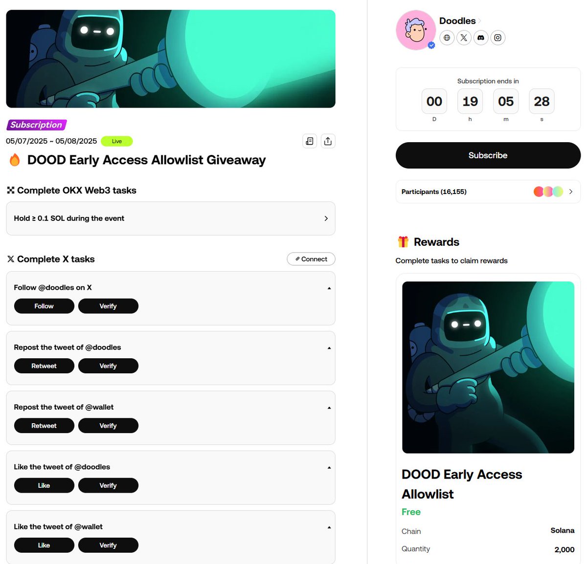 ลุ้นสิทธิ์ซื้อ $DOOD ของ <a href="/doodles/">doodles</a> 
.
ตรงนี้ : web3.okx.com/drops/event/do…
- ทำเควส social ทั่วไป
(เหลือเวลาอีก 19 ชั่วโมง )
.
ถ้าได้สิทธิ์จะเป็นแบบ FCFS 
- เปิดให้ซื้อในวันที่ 9 พฤษภาคม
- ซื้อได้สูงสุด $250 ต่อคน
- ที่ราคา 0.003 / $DOOD
= ซื้อได้สูงสุด 83,333 $DOOD (ถ้าข้อมูลไม่ผิด)