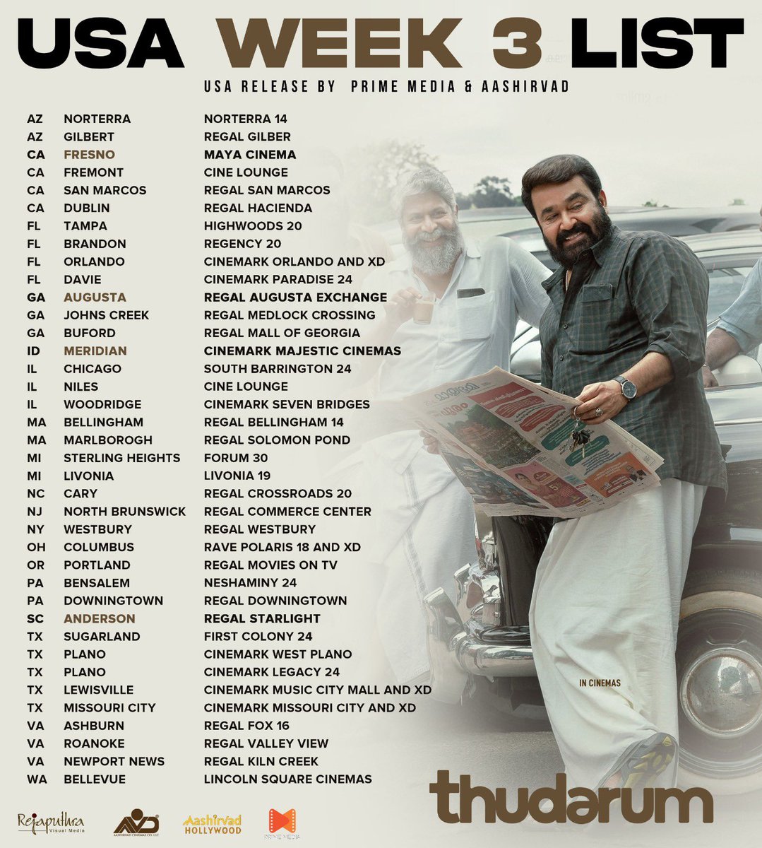 PrimeMedia (@primemediaus) on Twitter photo #Thudarum week 3 USA theaters
Enjoy this brilliant drama/thriller in theaters
<a href="/AVDAmerica/">Aashirvad Hollywood</a> <a href="/AVDdxb/">Aashirvad Cinemas Dubai</a> #Mohanlal𓃵 #Shobhana #Tharunmoorthy #JakesBejoy #Thudarum week 3 USA theaters
Enjoy this brilliant drama/thriller in theaters
<a href="/AVDAmerica/">Aashirvad Hollywood</a> <a href="/AVDdxb/">Aashirvad Cinemas Dubai</a> #Mohanlal𓃵 #Shobhana #Tharunmoorthy #JakesBejoy
