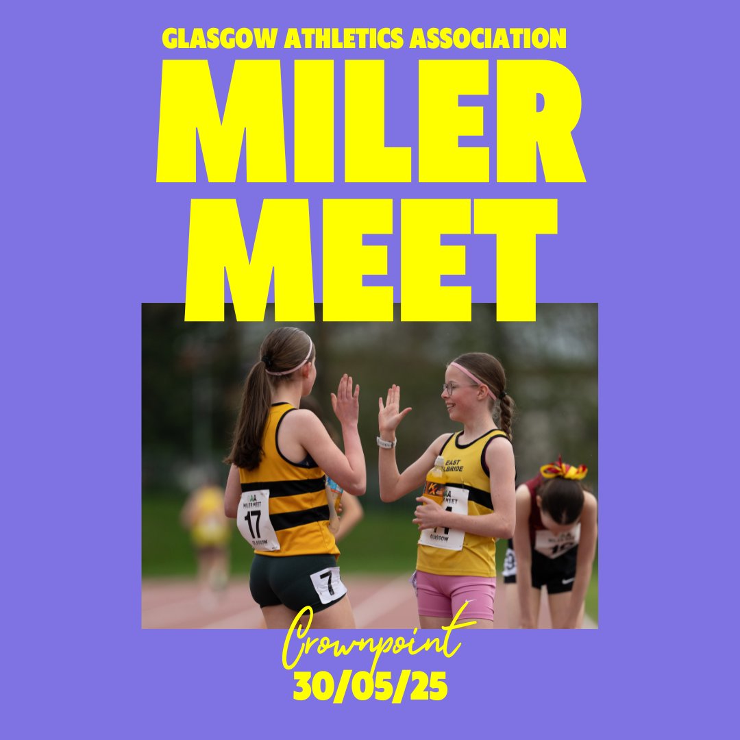Glasgow Athletics Assoication (@glasgowath) on Twitter photo Miler Meet (2) - 30/05/25
This event will include paced 800m & 3,000m races & will incorporate the U17 & U20 3,0000m <a href="/scotathletics/">scottishathletics</a> Championships 👑👑👑.
Check out all the info on our website:
glasgowathletics.org.uk/miler-meets
Entries open TONIGHT at 19:00:
q-buster.co.uk/gaa-miler-meet… Miler Meet (2) - 30/05/25
This event will include paced 800m & 3,000m races & will incorporate the U17 & U20 3,0000m <a href="/scotathletics/">scottishathletics</a> Championships 👑👑👑.
Check out all the info on our website:
glasgowathletics.org.uk/miler-meets
Entries open TONIGHT at 19:00:
q-buster.co.uk/gaa-miler-meet…