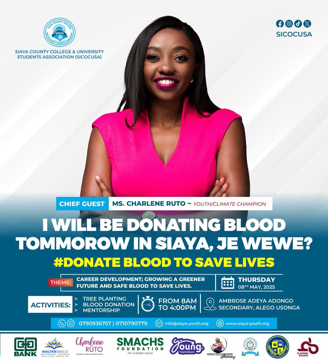 Kenya Tissue and Transplant Authority (@official_ktta) on Twitter photo Siaya, are you ready?Join us TOMORROW for a life-saving mission! We’ll be donating blood with <a href="/charlruto/">Charlene Ruto</a> and YOU are invited!
📍 Ambrose Adeya Adongo Secondary, Alego Usonga
🗓 Thursday, 8th May 2025
🕗 8AM – 4PM
#DonateBloodToSaveLives #SiayaBloodDrive #KBTTS #YouthForLife Siaya, are you ready?Join us TOMORROW for a life-saving mission! We’ll be donating blood with <a href="/charlruto/">Charlene Ruto</a> and YOU are invited!
📍 Ambrose Adeya Adongo Secondary, Alego Usonga
🗓 Thursday, 8th May 2025
🕗 8AM – 4PM
#DonateBloodToSaveLives #SiayaBloodDrive #KBTTS #YouthForLife
