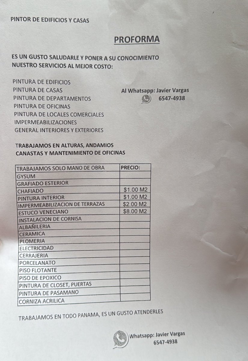 Por si requieren alguien para trabajos de albañilería o pintura, estuvo repartiendo esto en los edificios de la calle, o sea quiere trabajar!