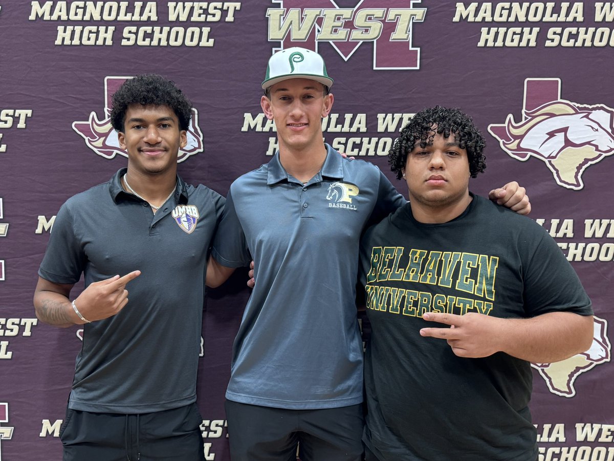 Today these Magnolia West Student-Athletes signed to play at the next level! Congrats! 

Deandre Milliner 🏈:<a href="/CruFootball/">UMHB Football🏈</a> 
Nolan Cruz ⚾️:<a href="/PanolaBaseball/">Panola Baseball</a> 
Brandon Mills 🏈:<a href="/BelhavenFB/">Belhaven Football</a> 

<a href="/MagnoliaISD/">Magnolia ISD</a> <a href="/Jmorley36/">Jason Morley</a> <a href="/MAGWESTdirtboys/">MAGNOLIA WEST BASEBALL</a> <a href="/MagWestFootball/">Mustang Football</a>