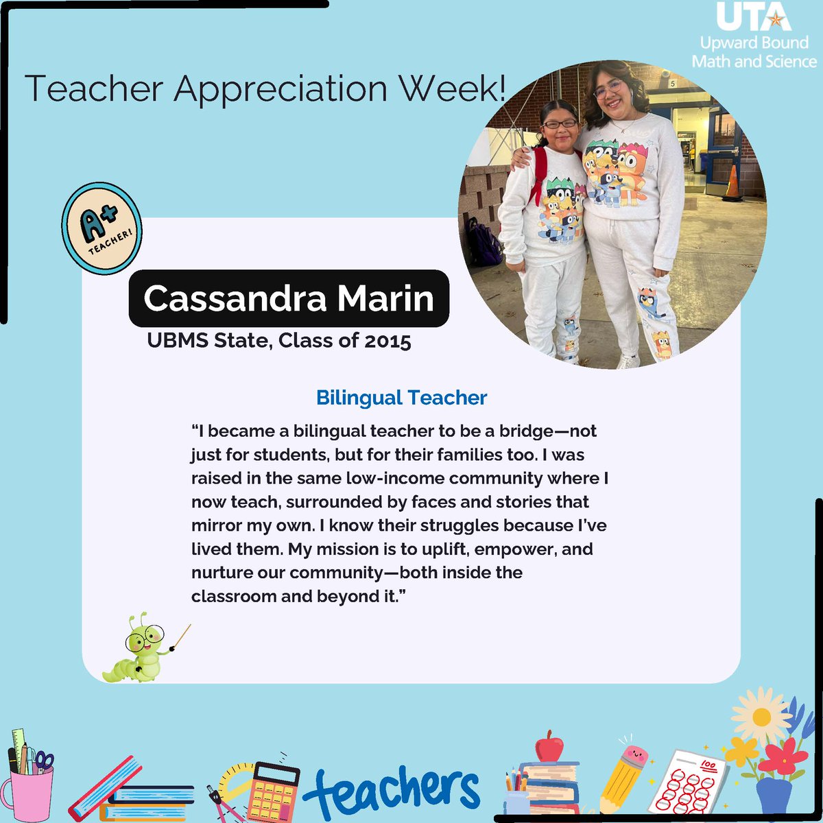 As part of Teacher Appreciation Week, we continue highlighting our alum who are classroom teachers, w/ Cassandra. She is a grad from <a href="/TrojansUHS/">University High School - Waco</a> &amp; college grad from <a href="/McLennanCC/">McLennan Community College</a> &amp; <a href="/TarletonState/">Tarleton State University</a>. Thank you <a href="/MarinCassandra/">cassymarin❤️</a> for all that you do for your students and your community!