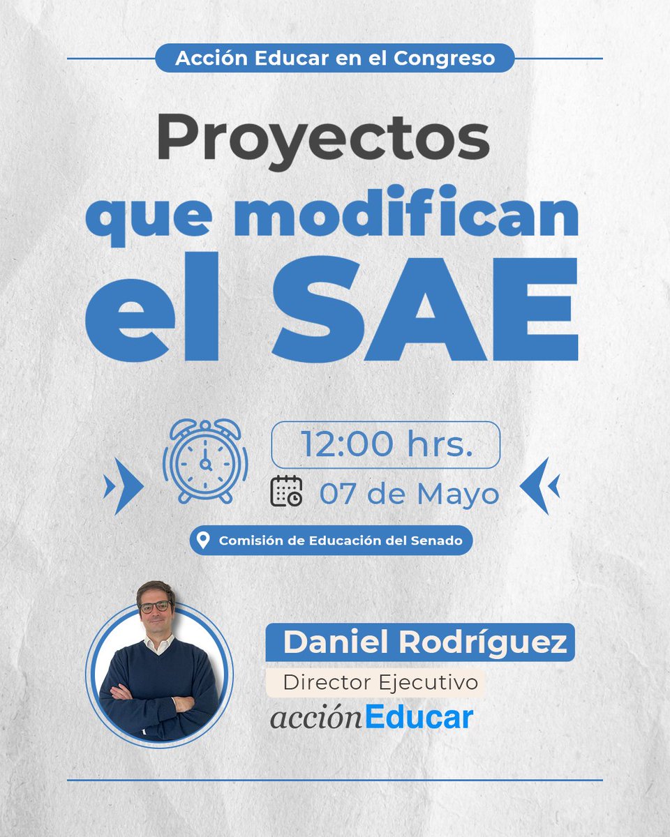 🧐Hoy a las 12:00 nuestro director <a href="/drodriguezmo/">Daniel Rodríguez</a> estará en la Comisión de Educación del <a href="/Senado_Chile/">Senado Chile</a> para analizar los proyectos que modifican el Sistema de Admisión Escolar (SAE) y los desafíos que hay en esta materia.
