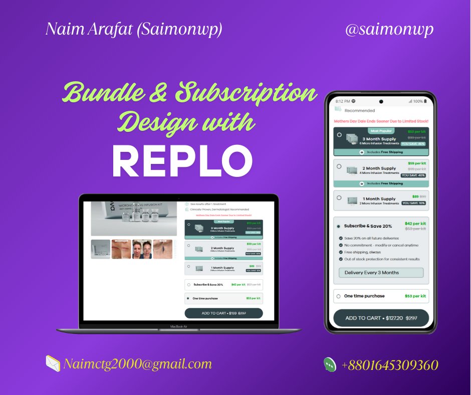 NaimArafat1's tweet image. Want more repeat customers?
 I design smart bundle &amp;amp; subscription layouts in Replo 🔥
 More value. More sales. Less bounce.

 Let’s grow your Shopify store!

 📩 Naimctg2000@gmail.com 📞 +8801645309360

 #Shopify #Replo #SubscriptionDesign #ecommercetips #ecommerce