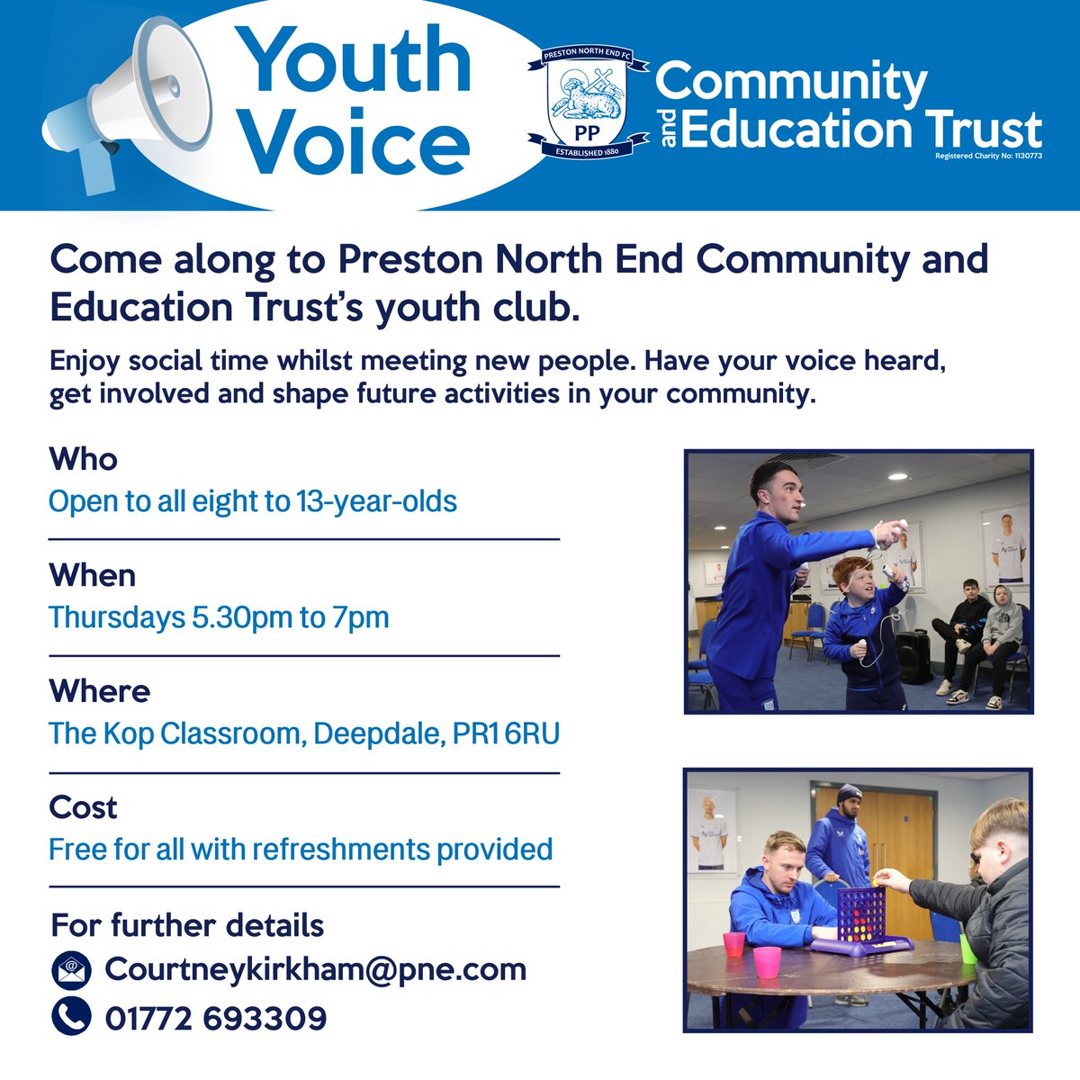 📣 Our youth club runs every Thursday evening here at Deepdale! Come along for free for a fun evening, and and have your say in shaping your community. 🙌

📍 Kop Classroom, Deepdale
🕔 5:30pm to 7pm

For more information or if you have any questions, please contact -