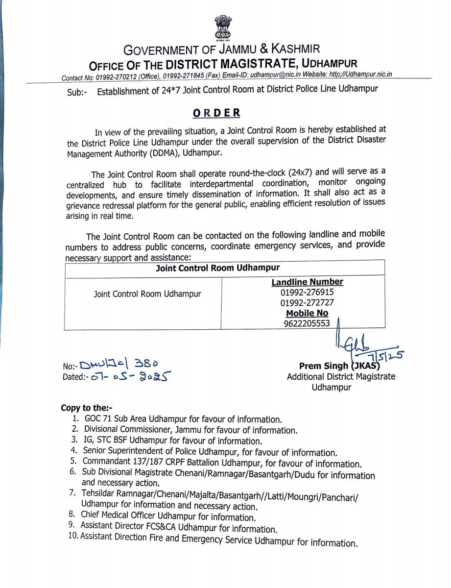 DC Udhampur (@udhadm) on Twitter photo In view of the prevailing situation,a 24x7 Joint Control Room has been set up at DPL Udhampur under DDMA supervision to ensure coordination, real-time monitoring &prompt grievance redressal.For assistance, contact:Landline:01992-276915,
01992-272727
Mob:9622205553.
<a href="/diprjk/">Information & PR, J&K</a> In view of the prevailing situation,a 24x7 Joint Control Room has been set up at DPL Udhampur under DDMA supervision to ensure coordination, real-time monitoring &prompt grievance redressal.For assistance, contact:Landline:01992-276915,
01992-272727
Mob:9622205553.
<a href="/diprjk/">Information & PR, J&K</a>