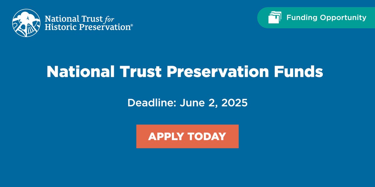 NTCIC (@ntcic) on Twitter photo Preservation funding alert! Our friends at <a href="/SavingPlaces/">Saving Places</a> are accepting applications for their Preservation Fund, offering grants up to $5,000 for planning and educational projects.
Apply by June 2: savingplaces.org/preservation-f… Preservation funding alert! Our friends at <a href="/SavingPlaces/">Saving Places</a> are accepting applications for their Preservation Fund, offering grants up to $5,000 for planning and educational projects.
Apply by June 2: savingplaces.org/preservation-f…