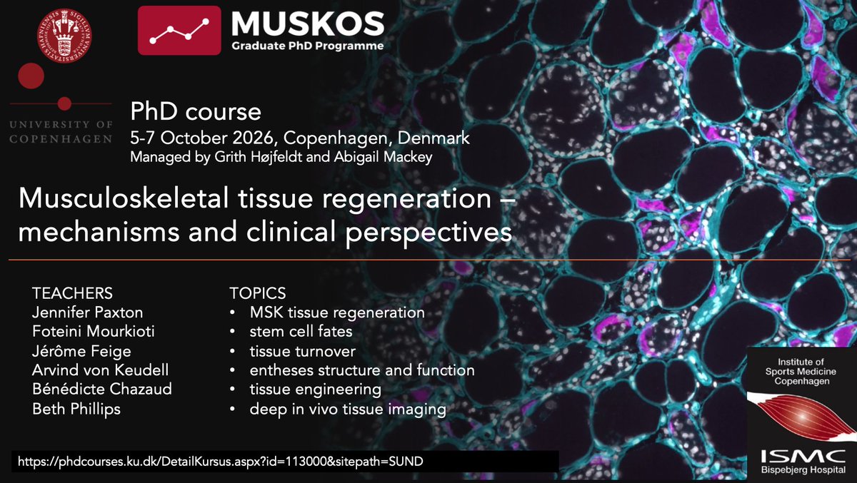 Abigail Mackey (@abigailmackey1) on Twitter photo Our 2026 <a href="/MUSKOS_PhD/">PhD Programme #MUSKOS 🎓</a> course is now open for registration🤩
Copenhagen, 5-7 October 2026
Musculoskeletal tissue regeneration – mechanisms and clinical perspectives
phdcourses.ku.dk/DetailKursus.a…
<a href="/grith_hojfeldt/">Grith Højfeldt</a> <a href="/avonkeudell/">Arvind von Keudell</a> <a href="/BenChazaud/">Ben Chazaud</a> <a href="/Dr_JZP/">Dr Jennifer Z Paxton</a> <a href="/MogwaiBeth/">Beth Phillips</a> Faye Mourkioti Jerome feige Our 2026 <a href="/MUSKOS_PhD/">PhD Programme #MUSKOS 🎓</a> course is now open for registration🤩
Copenhagen, 5-7 October 2026
Musculoskeletal tissue regeneration – mechanisms and clinical perspectives
phdcourses.ku.dk/DetailKursus.a…
<a href="/grith_hojfeldt/">Grith Højfeldt</a> <a href="/avonkeudell/">Arvind von Keudell</a> <a href="/BenChazaud/">Ben Chazaud</a> <a href="/Dr_JZP/">Dr Jennifer Z Paxton</a> <a href="/MogwaiBeth/">Beth Phillips</a> Faye Mourkioti Jerome feige