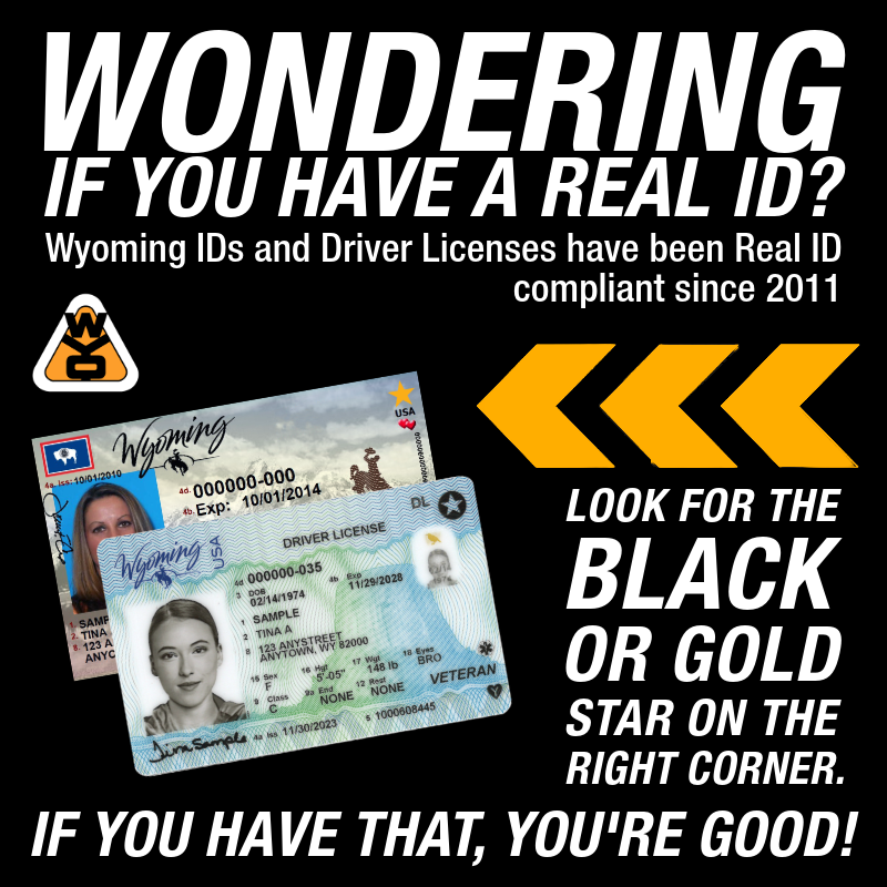 REMINDER: As of today (May 7) US travelers must be REAL ID compliant to board domestic flights and access certain federal facilities.

If you have a WY ID card or driver license - you're good!

More: dot.state.wy.us/news/wyoming-d…

Driver Services: dot.state.wy.us/driverservices
#wyoroad