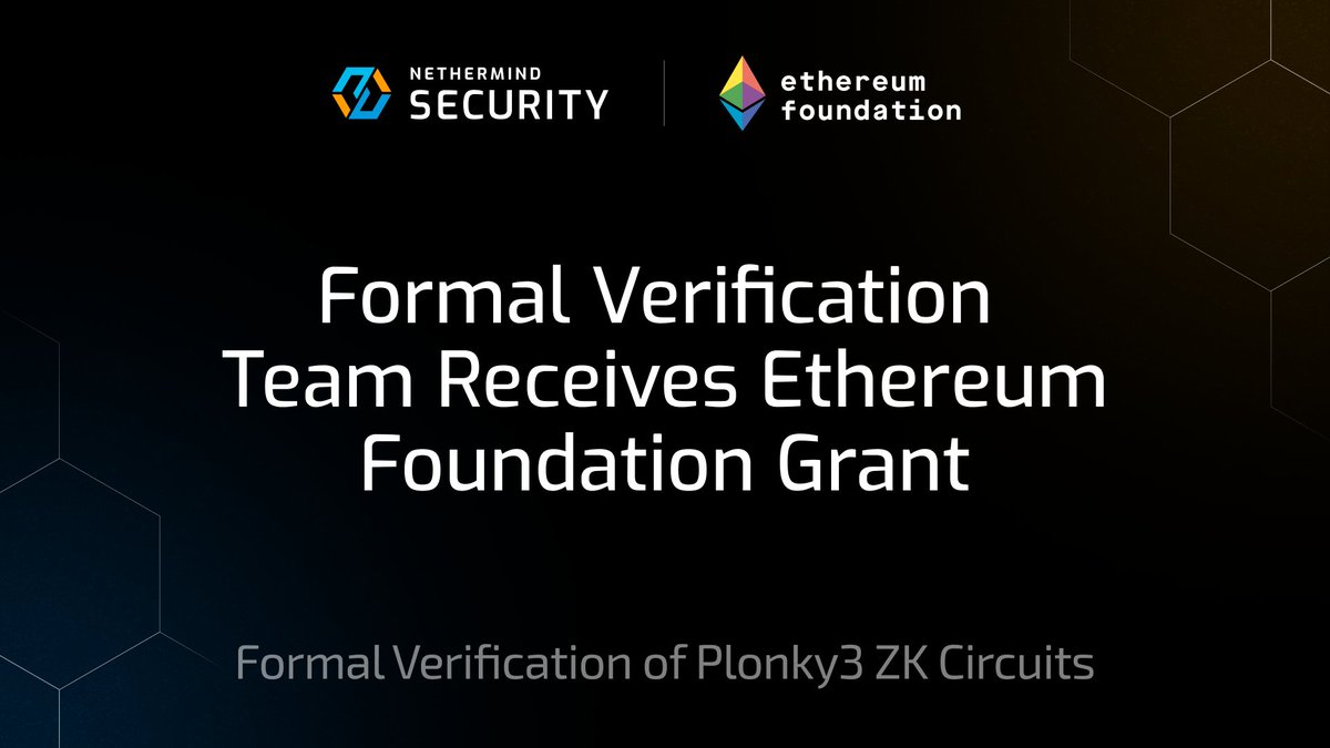 Nethermind Security (@nethermindsec) on Twitter photo We are delighted to announce that we have been awarded a grant from the <a href="/ethereumfndn/">Ethereum Foundation</a> to advance formal verification of zk circuits! 🦾
1/ We are delighted to announce that we have been awarded a grant from the <a href="/ethereumfndn/">Ethereum Foundation</a> to advance formal verification of zk circuits! 🦾
1/