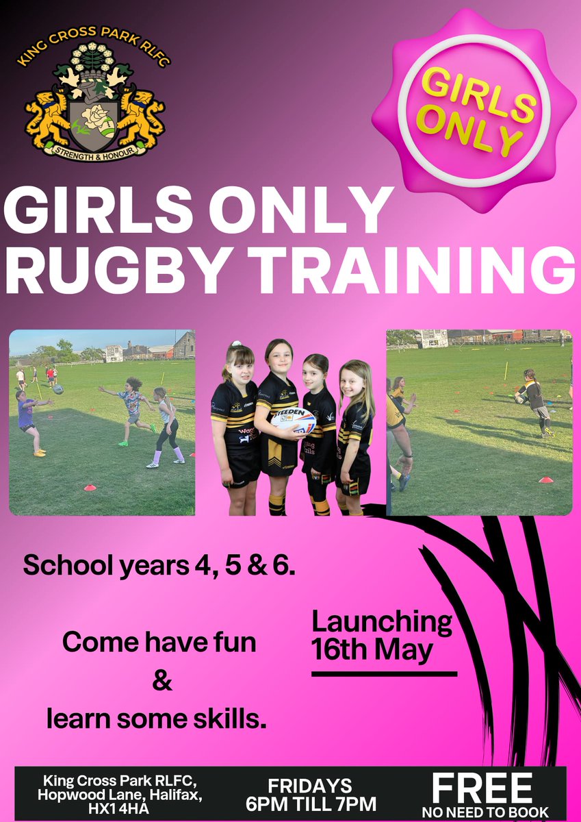 Free rugby taster sessions for girls in years 4, 5 and 6 starting on Friday 16th May, 6 till 7 at King Cross Park Rugby club, Hopwood Lane HX14HA.
No experience needed just a desire to have fun, build confidence and learn new skills with like minded girls.
🏉🩷 #ThisGirlCan