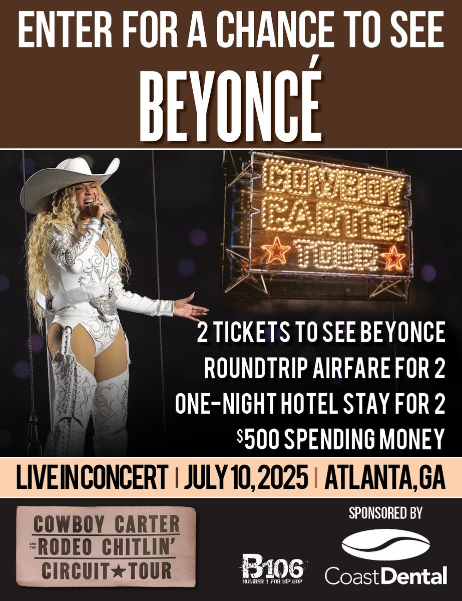 👑🐎 Saddle up, Beyoncé fans! We're partnering with <a href="/myB106tweets/">B106</a> to give you a chance to win a trip to see Queen B live in Atlanta on her Cowboy Carter Tour! Visit the contest page to see how you can enter: myb106.com/beyonce-atlant…

Call Us (877) 880-1212  |