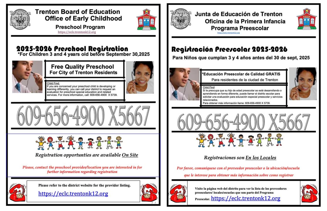 The Office of Early Childhood is thrilled to announce that preschool enrollment is open! Our FREE quality preschool is available to children aged 3 or 4 years old before Sept. 31, 2025, who are residents of the City of Trenton.

For more information: bit.ly/4iwtmS4