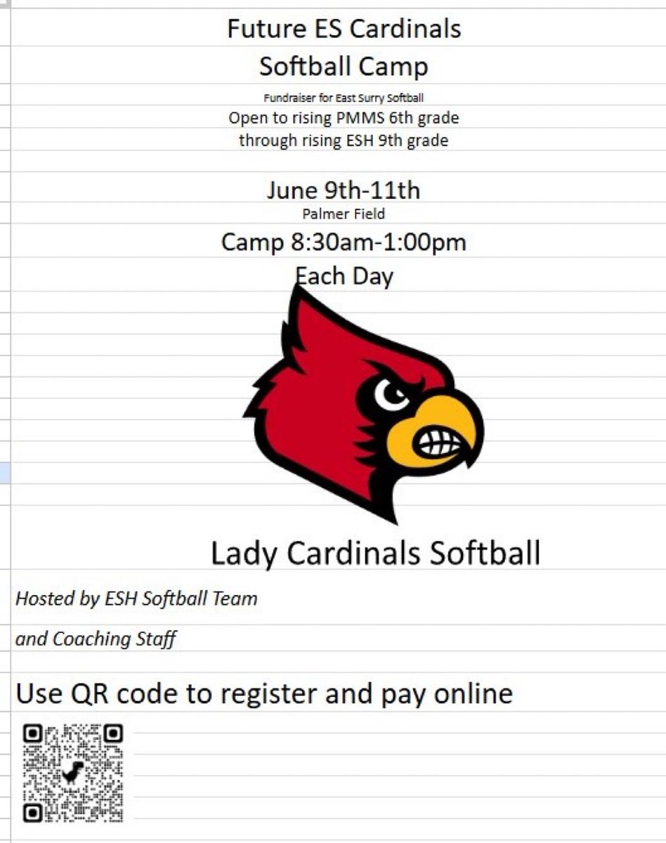 East Surry Softball (@esh_softball) on Twitter photo <a href="/ESH_Softball/">East Surry Softball</a> summer camp for rising 6th-8th <a href="/PMMS_Ravens/">Pilot Mountain Middle School</a> and for <a href="/eastsurryhs/">East Surry HS</a> rising Freshman will be held June 9th-June 11th from 8:30-1 each day. Scan QR code below to register and pay online <a href="/ES_Athletics/">East Surry Athletics</a> <a href="/WestfieldWild/">Westfield Elementary</a> <a href="/sesmountaineers/">Shoals Elemen.</a> <a href="/PilotMtnElem/">Pilot Mountain Elem</a> <a href="/ESH_Softball/">East Surry Softball</a> summer camp for rising 6th-8th <a href="/PMMS_Ravens/">Pilot Mountain Middle School</a> and for <a href="/eastsurryhs/">East Surry HS</a> rising Freshman will be held June 9th-June 11th from 8:30-1 each day. Scan QR code below to register and pay online <a href="/ES_Athletics/">East Surry Athletics</a> <a href="/WestfieldWild/">Westfield Elementary</a> <a href="/sesmountaineers/">Shoals Elemen.</a> <a href="/PilotMtnElem/">Pilot Mountain Elem</a>