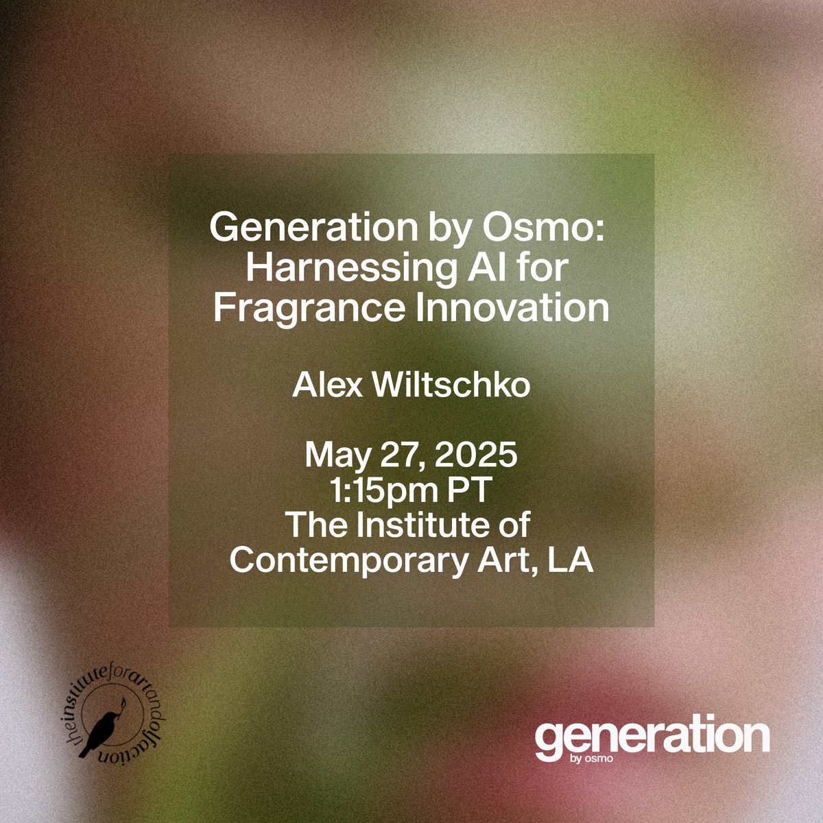 Generation by Osmo (@genbyosmo) on Twitter photo What happens when fragrance becomes programmable? <a href="/awiltschko/">Alex Wiltschko</a> will speak at the Experimental Scent Summit during Scent Week LA, on how AI is reshaping fragrance design.
—May 27, 1:15pm PT
—Institute for Contemporary Art LA + livestream
scentweek.com/experimental-s… What happens when fragrance becomes programmable? <a href="/awiltschko/">Alex Wiltschko</a> will speak at the Experimental Scent Summit during Scent Week LA, on how AI is reshaping fragrance design.
—May 27, 1:15pm PT
—Institute for Contemporary Art LA + livestream
scentweek.com/experimental-s…