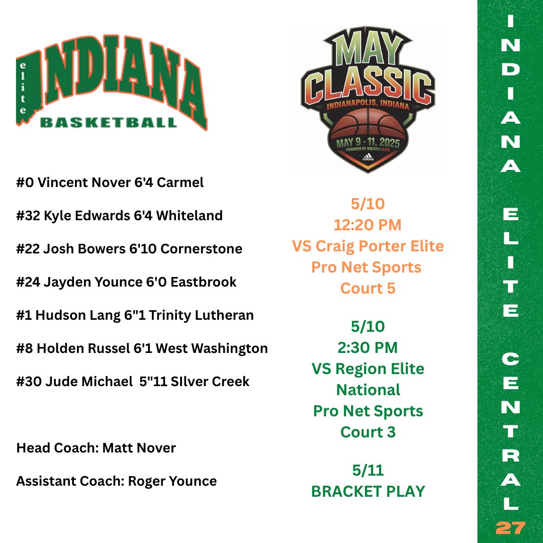 Indiana Elite Central 2027 (@ienover2027) on Twitter photo <a href="/IENover2027/">Indiana Elite Central 2027</a> weekend Schedule/May9th-11th.
Adidas May Classic Tournament.
<a href="/BRamseyKSR/">Brandon Ramsey</a> <a href="/JWReamer/">Jim Reamer 🏴☠️</a> <a href="/INBBallSource/">Trevor Andershock</a> <a href="/ZT17Hoops/">Zak Tyler</a> <a href="/pwooley03/">Patrick</a> <a href="/kylerstaley/">Kyler Staley</a> <a href="/KyleNeddenriep/">Kyle Neddenriep</a> <a href="/IndianaEliteIE/">Indiana Elite Basketball</a> <a href="/PrepHoopsIN/">Prep Hoops Indiana</a> <a href="/adidasHoops/">adidas Basketball</a> <a href="/IENover2027/">Indiana Elite Central 2027</a> weekend Schedule/May9th-11th.
Adidas May Classic Tournament.
<a href="/BRamseyKSR/">Brandon Ramsey</a> <a href="/JWReamer/">Jim Reamer 🏴☠️</a> <a href="/INBBallSource/">Trevor Andershock</a> <a href="/ZT17Hoops/">Zak Tyler</a> <a href="/pwooley03/">Patrick</a> <a href="/kylerstaley/">Kyler Staley</a> <a href="/KyleNeddenriep/">Kyle Neddenriep</a> <a href="/IndianaEliteIE/">Indiana Elite Basketball</a> <a href="/PrepHoopsIN/">Prep Hoops Indiana</a> <a href="/adidasHoops/">adidas Basketball</a>