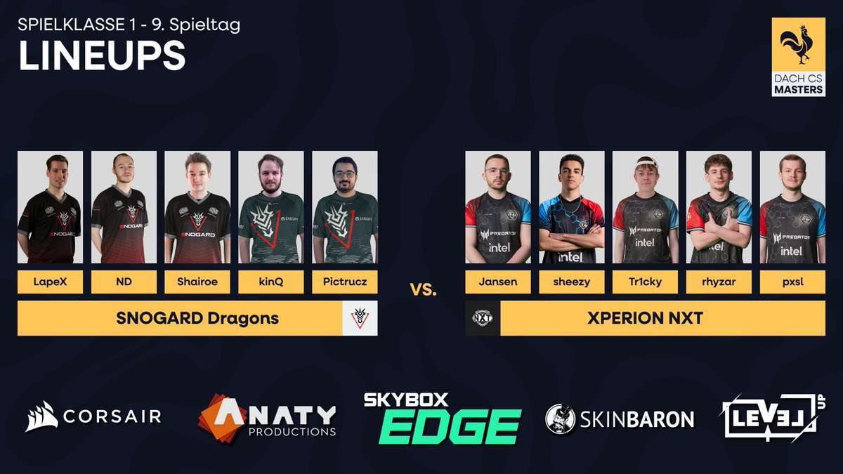 DACH CS Masters (@dachcs) on Twitter photo Wir starten direkt rein in den Abend der ersten Spielklasse mit <a href="/SNOGARD_Dragons/">SNOGARD Dragons 🐉</a> gegen <a href="/XPERION_NXT/">XPERION NXT</a>! ⚔️
🕕 18:00 Uhr
📺 twitch.tv/dachcs
🎙️ <a href="/slamiZGouD/">Dominic Sommersperger</a> & <a href="/SpiidiCS/">Timo Richter</a>
#DACHCSMasters 🐔 Wir starten direkt rein in den Abend der ersten Spielklasse mit <a href="/SNOGARD_Dragons/">SNOGARD Dragons 🐉</a> gegen <a href="/XPERION_NXT/">XPERION NXT</a>! ⚔️
🕕 18:00 Uhr
📺 twitch.tv/dachcs
🎙️ <a href="/slamiZGouD/">Dominic Sommersperger</a> & <a href="/SpiidiCS/">Timo Richter</a>
#DACHCSMasters 🐔