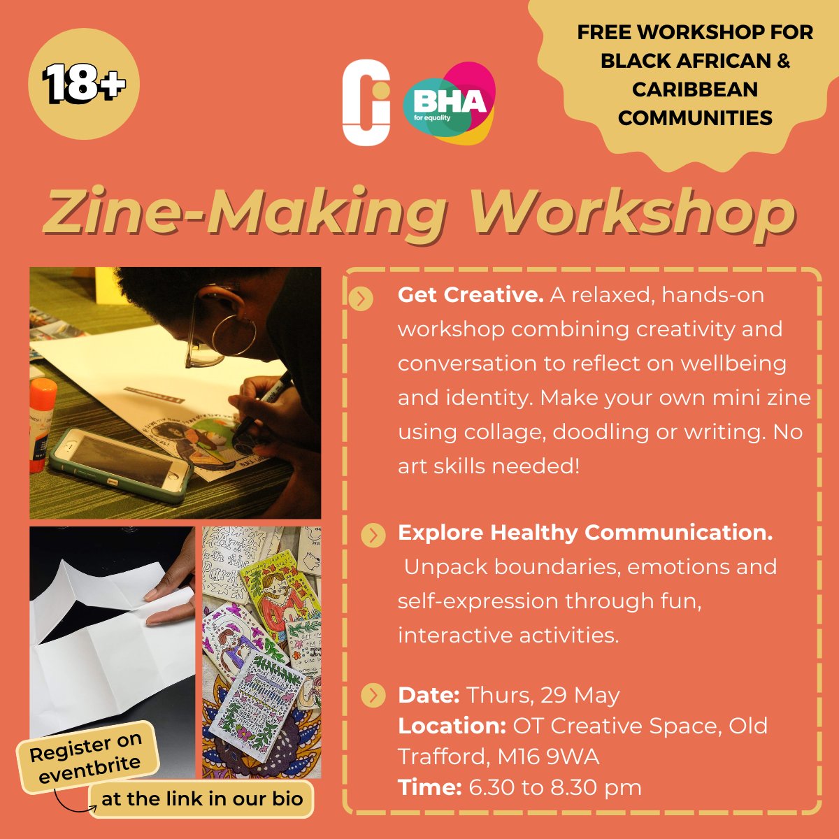 Reproductive Justice Initiative (@rjinitiative) on Twitter photo Are you free on 29 May?
Join RJI & <a href="/the_BHA/">BHA for Equality</a> for a zine-making workshop on consent, boundaries & expressing needs.
🗓️ Thurs 29 May | 6:30–8:30pm
📍 OT Creative Space, Old Trafford
👥 For Black African & Caribbean communities
Free HIV/STI testing + art supplies!
🔗in comments Are you free on 29 May?
Join RJI & <a href="/the_BHA/">BHA for Equality</a> for a zine-making workshop on consent, boundaries & expressing needs.
🗓️ Thurs 29 May | 6:30–8:30pm
📍 OT Creative Space, Old Trafford
👥 For Black African & Caribbean communities
Free HIV/STI testing + art supplies!
🔗in comments