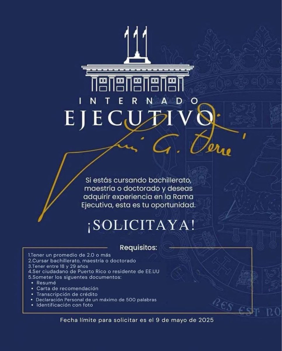 ComJuegosPR's tweet image. ¡Solicita ya y forma parte del Internado Ejecutivo! Una experiencia única para estudiantes universitarios con interés en el servicio público.
¡Anímate, tienes hasta este viernes, 9 de mayo!
#GobiernodePuertoRico #Internado