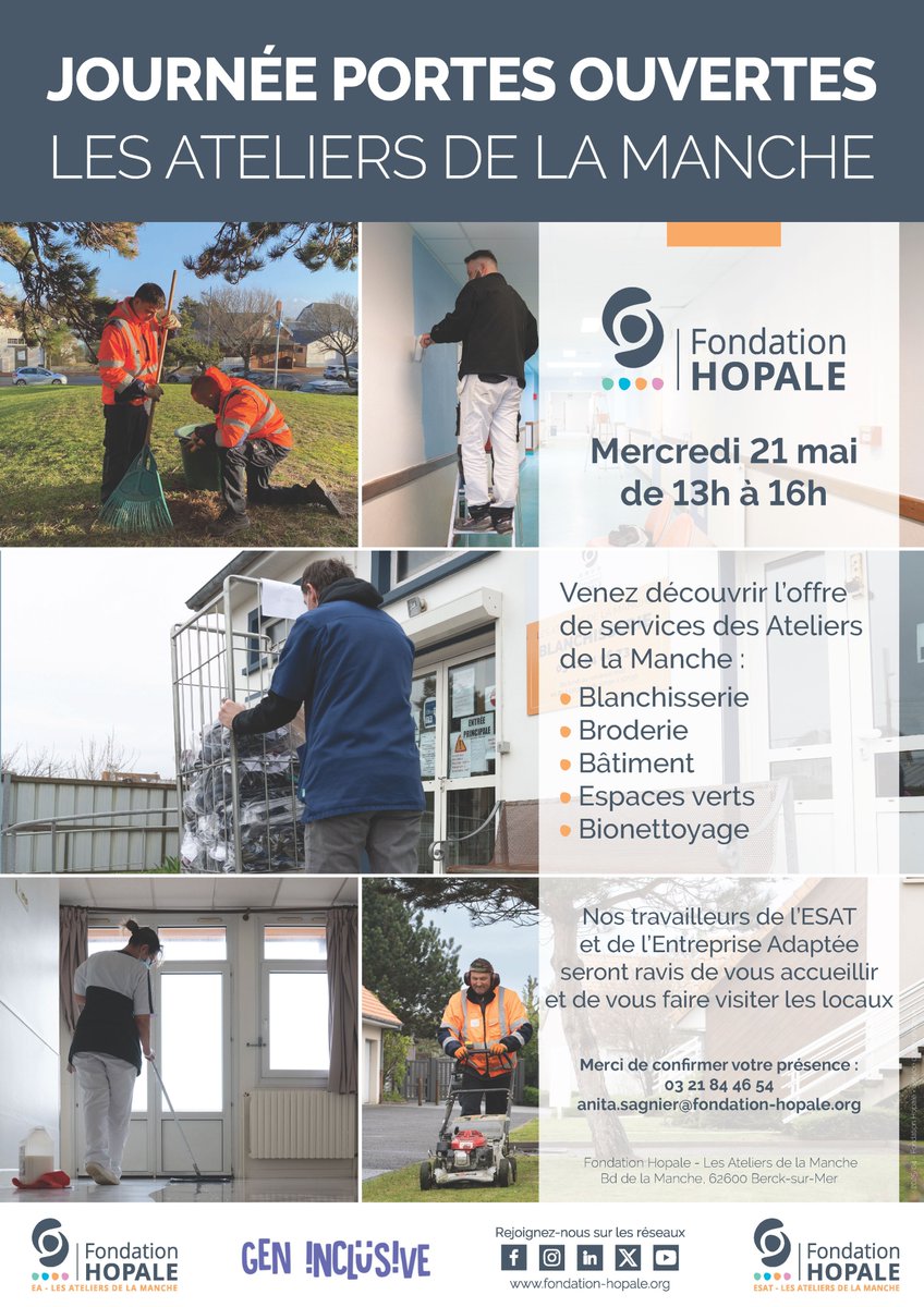 PORTES OUVERTES Les Ateliers de la Manche ✨

Rendez-vous le 𝐦𝐞𝐫𝐜𝐫𝐞𝐝𝐢 𝟐𝟏 𝐦𝐚𝐢, 𝐝𝐞 𝟏𝟑𝐡 𝐚̀ 𝟏𝟔𝐡, à l’Établissement et Service d'Aide par le Travail ESAT et l’Entreprise Adaptée EA afin de découvrir nos locaux, nos activités professionnelles et nos équipes. 👇