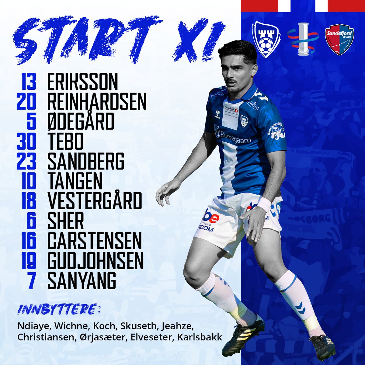 Dette er de elleve utvalgte som spiller fra start mot Sandefjord i cupen.

Avspark 18.00.