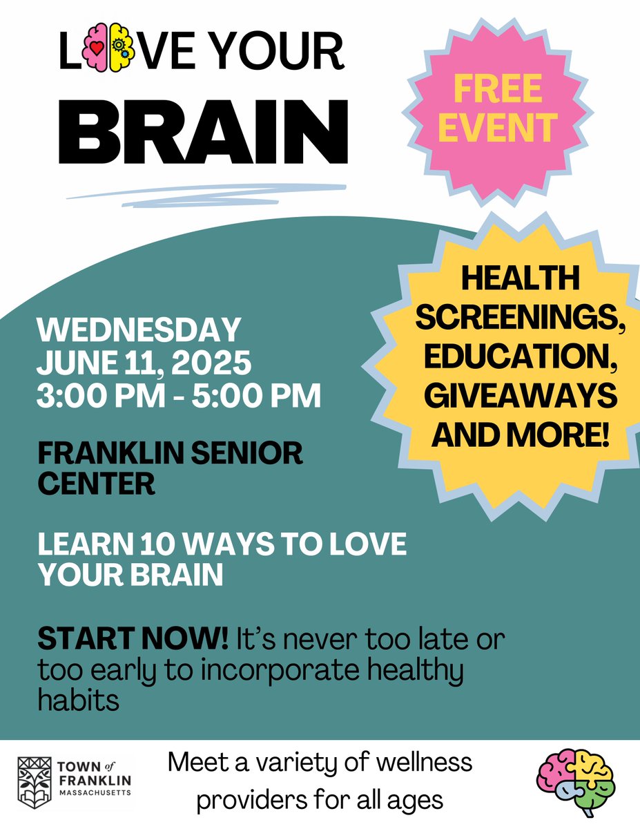 The Franklin Health Department is working on a Healthy Brain Initiative to focus on brain health and the “10 ways to love your brain” to lower the risk of dementia and cognitive decline.

Join us on Wednesday June 11, 2025 from 3PM to 5PM for Health Screenings, giveaways, &amp; more!