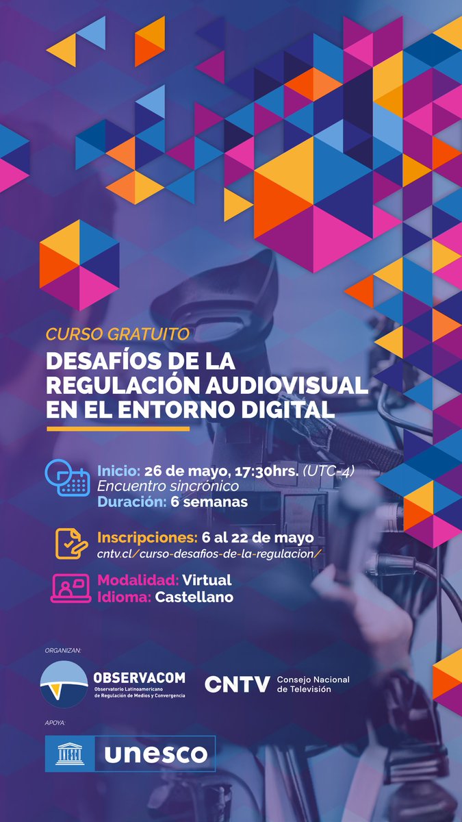 CNTVChile (@cntvchile) on Twitter photo Te invitamos a participar del curso internacional 2025 "Desafíos de la Regulación Audiovisual en el Entorno Digital" organizado por <a href="/Observacom/">OBSERVACOM</a> <a href="/CNTVChile/">CNTVChile</a> y con el apoyo de <a href="/UNESCOmvdo/">UNESCO Montevideo 🏛</a>
Más info en cntv.cl/curso-desafios…
🗓️Inicio: 26 de mayo
💻Modalidad: Virtual
⌛️Duración: 6 Te invitamos a participar del curso internacional 2025 "Desafíos de la Regulación Audiovisual en el Entorno Digital" organizado por <a href="/Observacom/">OBSERVACOM</a> <a href="/CNTVChile/">CNTVChile</a> y con el apoyo de <a href="/UNESCOmvdo/">UNESCO Montevideo 🏛</a>
Más info en cntv.cl/curso-desafios…
🗓️Inicio: 26 de mayo
💻Modalidad: Virtual
⌛️Duración: 6
