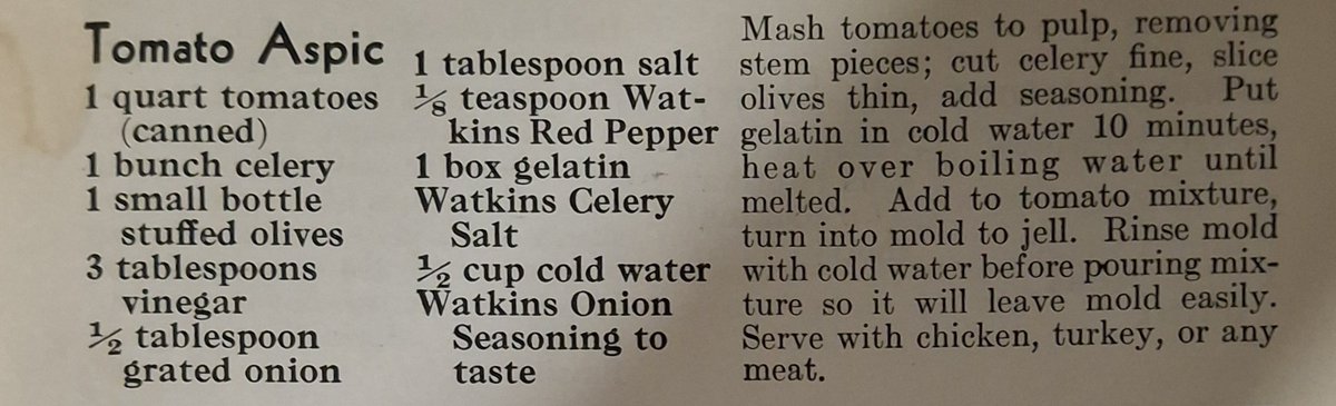 Re2OldFOOD's tweet image. Tomato Aspic -- 1938

This dish was popular in the 1920s and 1930s. 

#TomatoAspic #tomatoes #aspic
#1930srecipe