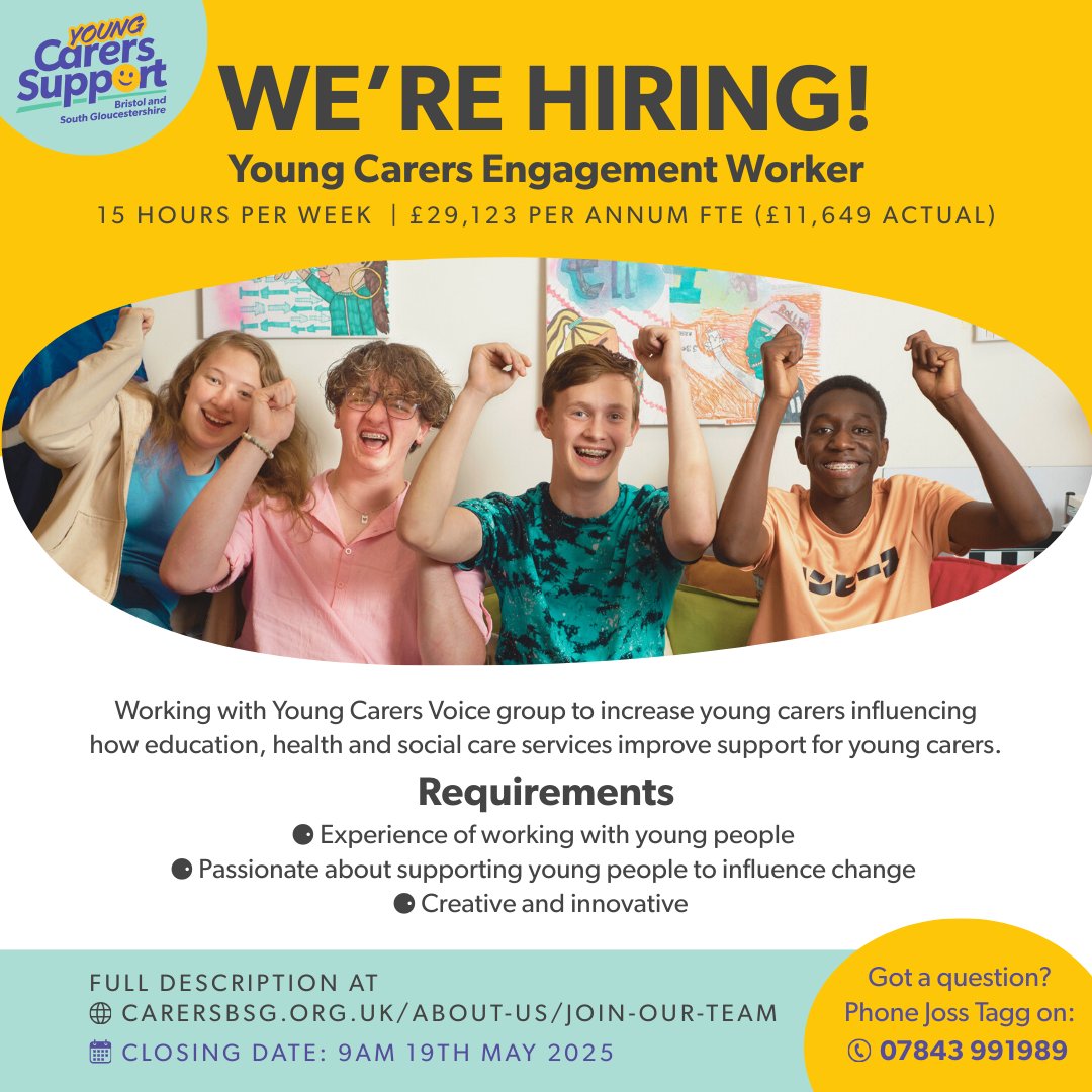 🚨 We're hiring! We've just launched two exciting new roles:

👩‍👧‍👦 Young Carers Engagement Worker (with <a href="/YoungCarersBSG/">Bristol & South Gloucestershire Young Carers</a>)
👥 Young Adult Carers Support Worker

If you're creative, passionate, and love working with young people, we’d love to hear from you. 

carersbsg.org.uk/about-us/join-…