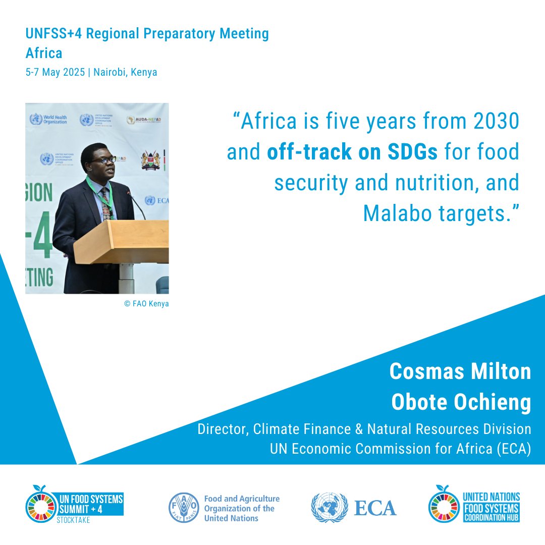 At the #UNFSS2025 Africa Prep Meeting, <a href="/ECA_OFFICIAL/">ECA</a>'s Cosmas Ochieng urged targeted investment in sustainable agriculture, food loss reduction, and climate services. He called for fast-tracking AU land reforms and the AfCFTA to unlock value in Africa’s #FoodSystems. 🌍📉🌾