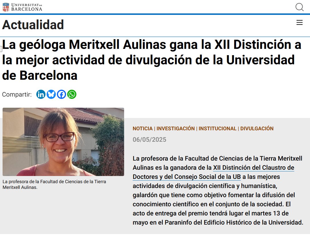 Enhorabona <a href="/MeriAulinas/">Meritxell Aulinas</a> !!!! 
La geòloga Meritxell Aulinas guanya la XII Distinció a la millor activitat de divulgació de la Universitat de Barcelona 
👉web.ub.edu/es/web/actuali…