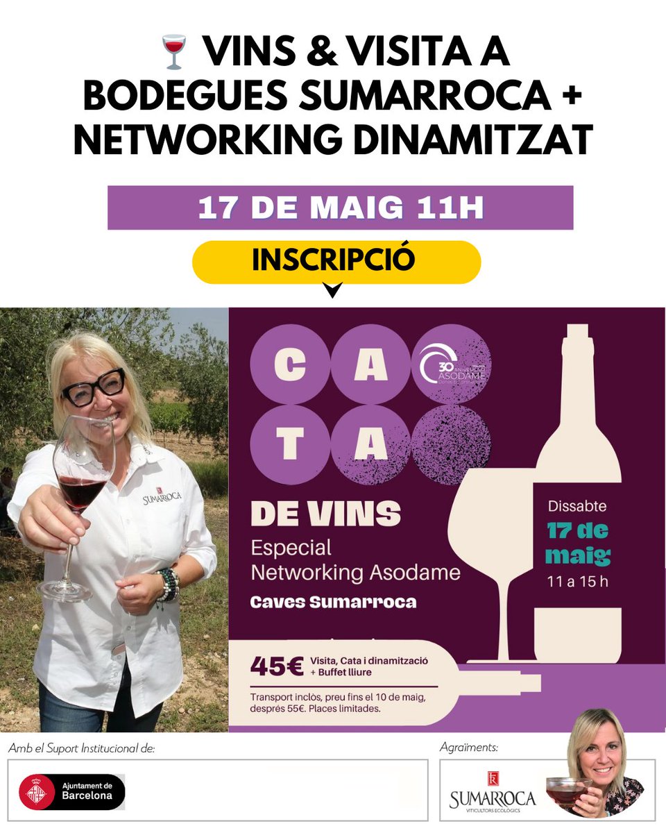 Asodame - BPW Barcelona (@asodame_bpw) on Twitter photo 🍷🍇Vins & Networking a les Bodegues <a href="/BSumarroca/">Bodegues Sumarroca</a> ! Dissabte 17 de maig gaudeix d'un tast interactiu, visita guiada i networking dinamitzat en un entorn privilegiat a Sant Sadurní d'Anoia. Transport des de BCN inclòs! Apunta't abans del 13 de maig! forms.gle/TLWqBN4eji3fhq… #Asodame 🍷🍇Vins & Networking a les Bodegues <a href="/BSumarroca/">Bodegues Sumarroca</a> ! Dissabte 17 de maig gaudeix d'un tast interactiu, visita guiada i networking dinamitzat en un entorn privilegiat a Sant Sadurní d'Anoia. Transport des de BCN inclòs! Apunta't abans del 13 de maig! forms.gle/TLWqBN4eji3fhq… #Asodame