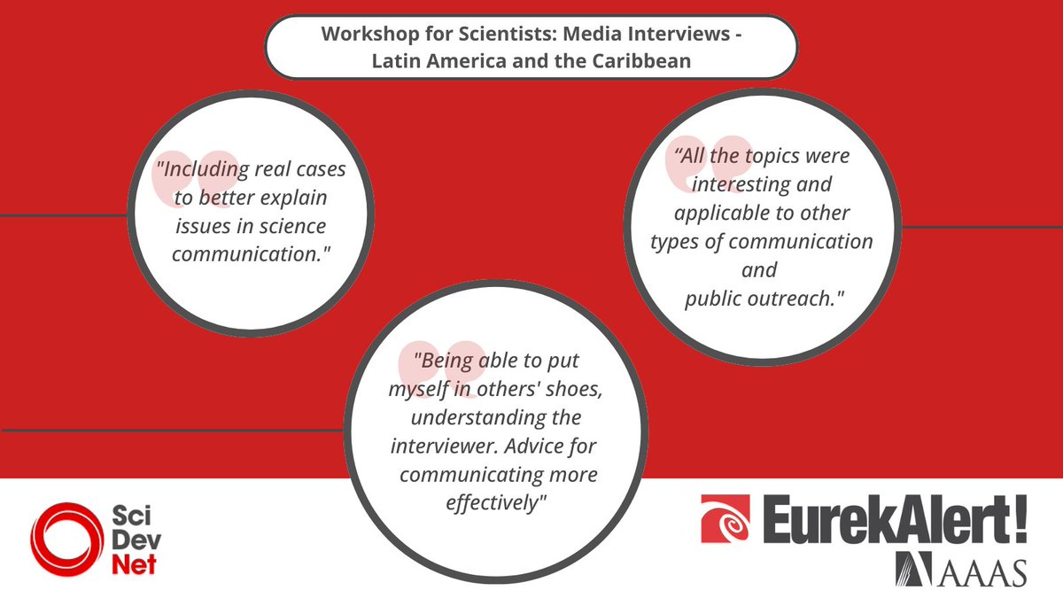 EurekAlert! (@eurekalert) on Twitter photo Huge thanks to the amazing #Scientists and #Researchers across #LatinAmerica and the #Caribbean who joined our collaborative workshop w/ <a href="/SciDevNet/">SciDev.Net</a>! 🌎🧪 We shared tools and tips for excelling in media interviews and press conferences and more! 💬 Here's what they loved most: Huge thanks to the amazing #Scientists and #Researchers across #LatinAmerica and the #Caribbean who joined our collaborative workshop w/ <a href="/SciDevNet/">SciDev.Net</a>! 🌎🧪 We shared tools and tips for excelling in media interviews and press conferences and more! 💬 Here's what they loved most: