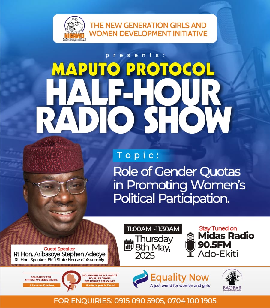 What can gender quotas do for women in politics?
Join us on The Maputo Half-hour as we go deep with a special guest:
Rt. Hon. Aribasoye Stephen Adeoye, Speaker, Ekiti State House of Assembly.
Thursday, May 8
11:00 AM
Midas 90.5 FM

#WomenInPolitics #GenderEquality #MaputoProtocol