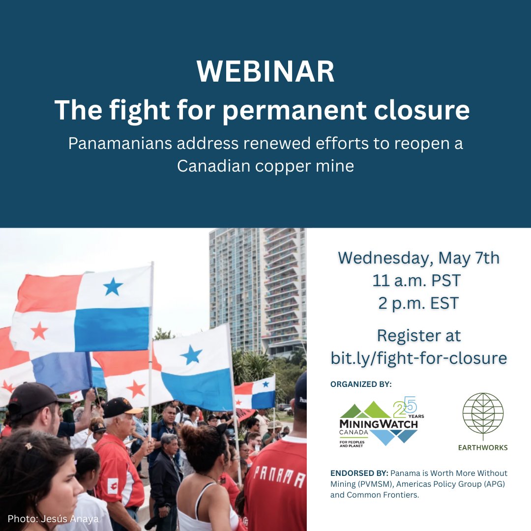 TODAY!!📢Panama | Negotiations to reopen the controversial First Quantum mine are set to begin. Hear how communities and organizations in Panama are responding including their resistance to an unjust international arbitration system!! Register here --&gt; bit.ly/fight-for-clos…