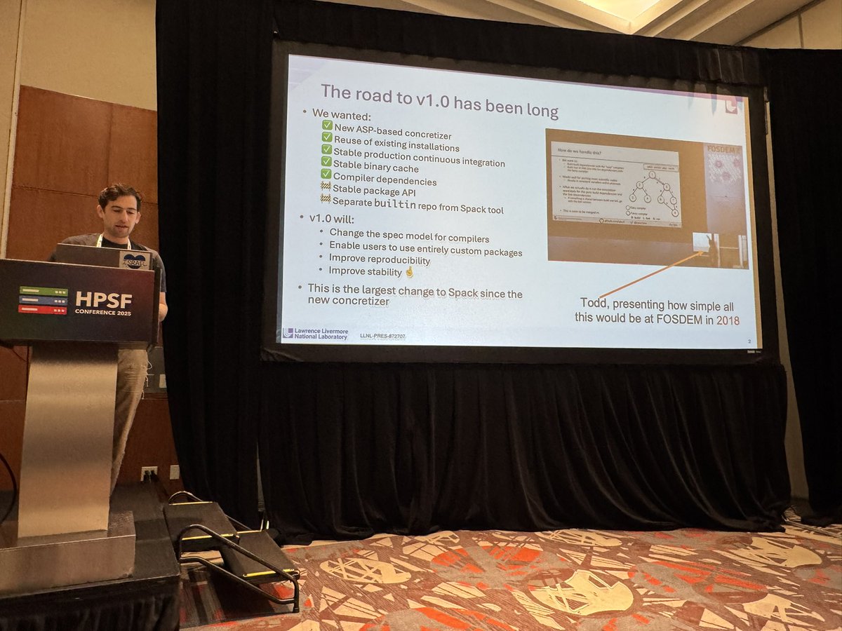 tgamblin's tweet image. Awesome to see 48 people in the room for the first ever Spack User Meeting at the #HPSF conference!

Greg Becker is outlining the road to v1.0 in the opening session.

#hpc #hpsfcon @spackpm