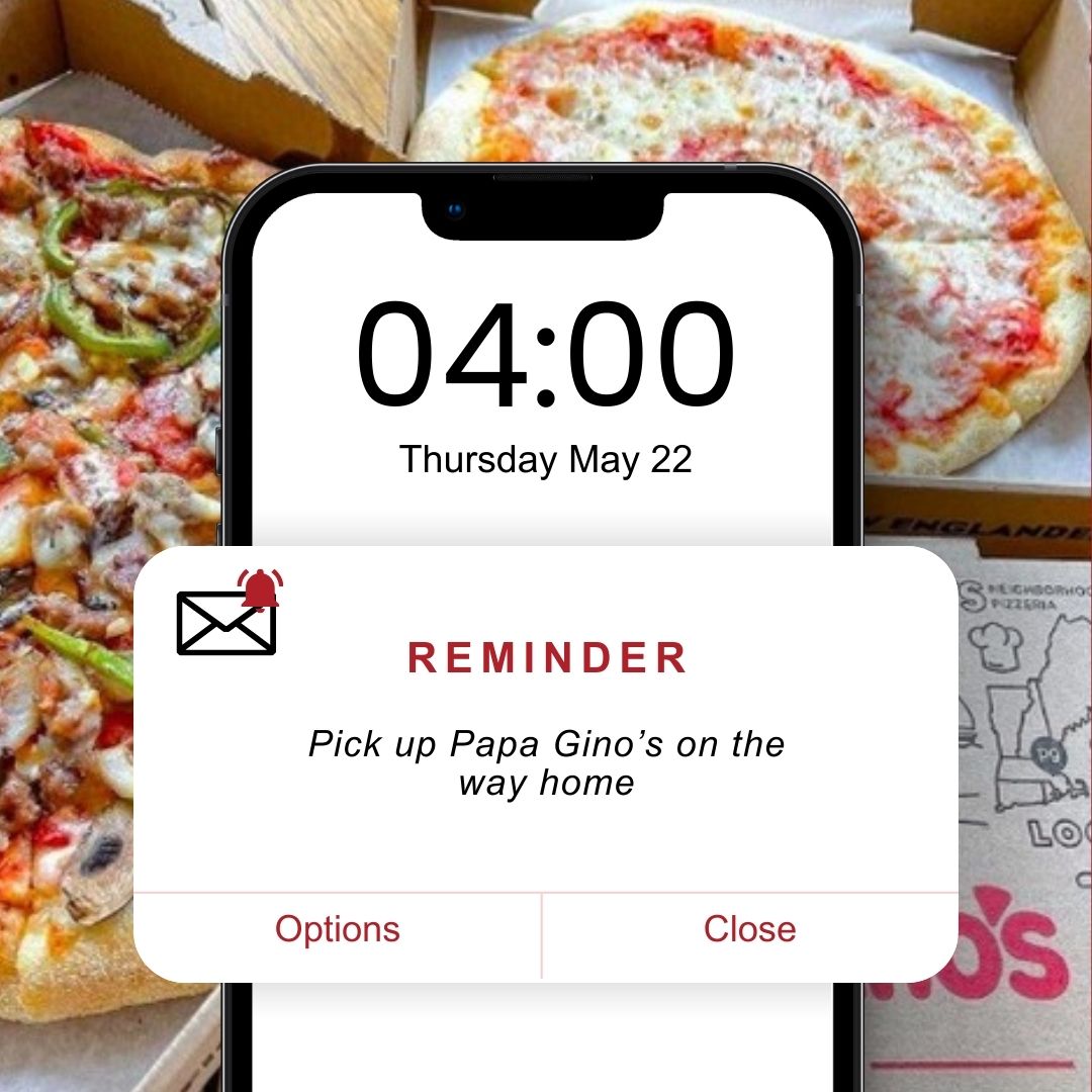 Set your reminder to grab Papa Gino’s on the way home! 📱🍕 Because dinner should be this easy and delicious. 🙌➡️papaginos.com