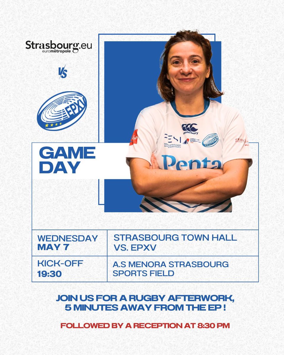 It’s match day! 🏉🏟️

The rugby teams of the Strasbourg city hall and the European Parliament are waiting for you tonight for their after-work event!

7:30 PM: Kick off at the A.S. Menora Strasbourg Sports field (5 mins from the Parliament)

8:30 PM: Come enjoy a buffet and bar