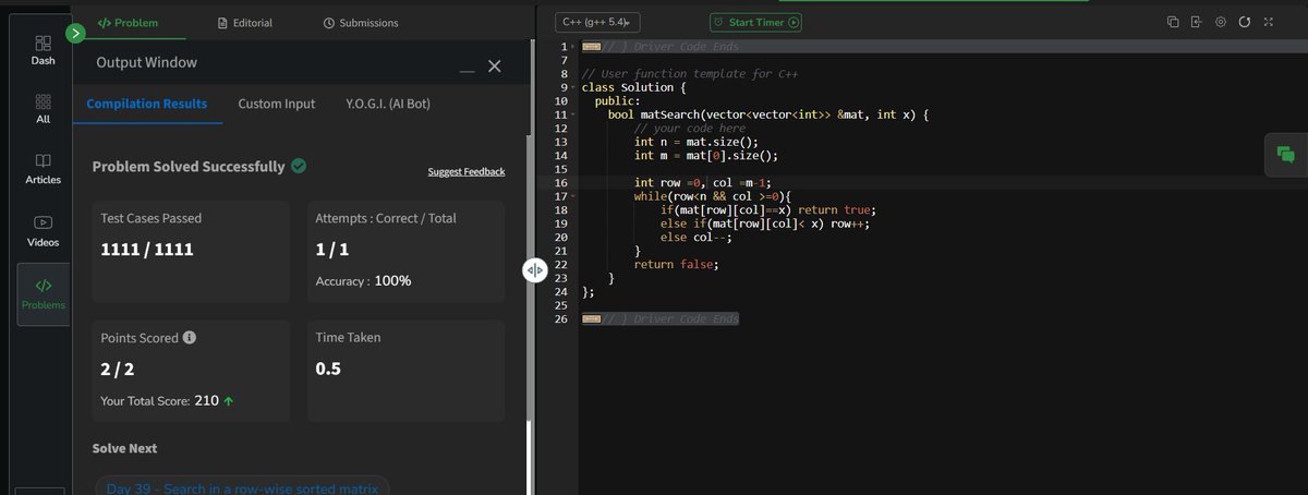 harshsingh_on's tweet image. Day 38 - Search in a Row-Column sorted matrix...
Easy question but I got confused....
#gfg160 #codingQuestion