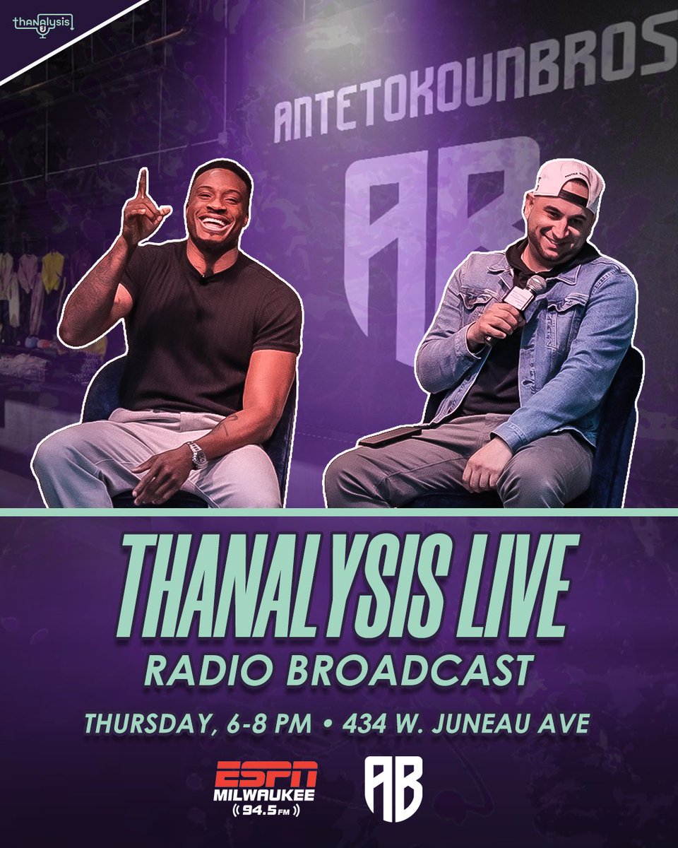 Thanalysis Show (@thanalysisshow) on Twitter photo ‼️‼️‼️
For the first time ever, <a href="/gruber_law/">Gruber Law Offices</a>'s Thanalysis is LIVE on <a href="/ESPNMilwaukee/">ESPN Milwaukee</a>.
THURSDAY from 6-8 pm <a href="/Thanasis_ante43/">T. Antetokounmpo</a> will be LIVE at <a href="/AntetokounbrosO/">Antetokounbros Official</a> in Milwaukee. ‼️‼️‼️
For the first time ever, <a href="/gruber_law/">Gruber Law Offices</a>'s Thanalysis is LIVE on <a href="/ESPNMilwaukee/">ESPN Milwaukee</a>.
THURSDAY from 6-8 pm <a href="/Thanasis_ante43/">T. Antetokounmpo</a> will be LIVE at <a href="/AntetokounbrosO/">Antetokounbros Official</a> in Milwaukee.