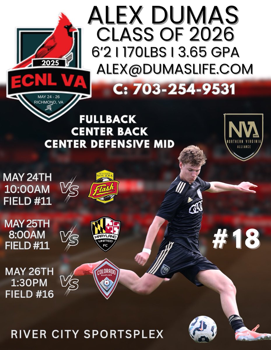 Excited to head to ECNL Virginia at the end of May! Looking forward to competing against top talent and playing in front of college coaches. I’ll be wearing #18—come check out the games!

Schedule (River City Sportsplex, Richmond, VA):
MAY 24 – 10:00AM – Field 11
MAY 25 – 8:00AM