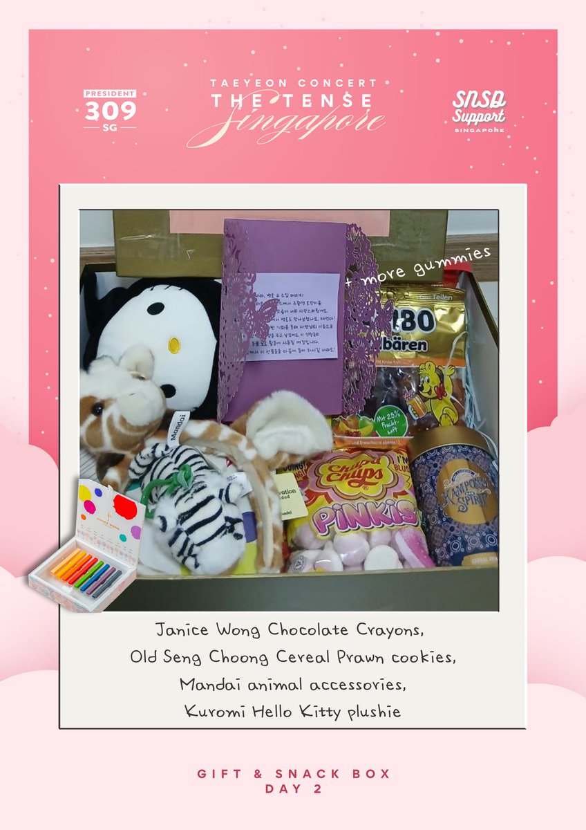 sgtyfc's tweet photo. @snsdsupport_sg On to Day 2 gift &amp; snack box~ 

💝 Janice Wong Chocolate Crayons
💝 Local flavoured cookies from Old Seng Choong
💝 Mandai giraffe headband &amp; white tiger keychain 
💝 Kuromi Kitty plushie
💝 More gummies!

More below ⬇️

#TAEYEON_TheTENSE_in_SINGAPORE https://t.co/tfY2u1wCnY