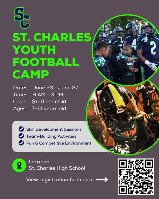 Brock Virts (@coachbrock_504) on Twitter photo <a href="/SC_HS_Football/">St. Charles Football</a> is hosting their youth camp June 23-27th. See flyer and QR code for additional information. This will be a great camp to attend for any up and coming youth football players in the area. Great coaching staff and facilities‼️ <a href="/SC_HS_Football/">St. Charles Football</a> is hosting their youth camp June 23-27th. See flyer and QR code for additional information. This will be a great camp to attend for any up and coming youth football players in the area. Great coaching staff and facilities‼️