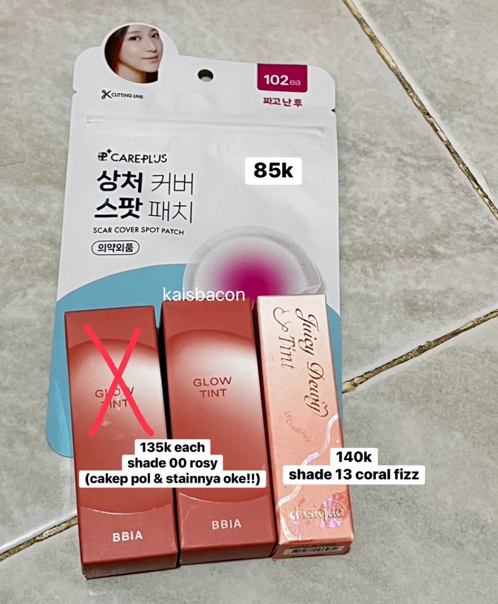 kaisbacon's tweet photo. [READY STOCK] WTS WANT TO SELL 🇮🇩

ACNE PATCH &amp; LIPTINT (NEW)
*swatch asli di reply

• Careplus Scar Cover Spot Patch — 85k
• BBIA Glow Tint #00 Rosy — 135k
• Dasique Juicy Glow Tint #13 Coral Fizz — 140k

📍 Jakarta
🍊 CO Shopee
❌ exc pack &amp; admin 12%
💌 Reply/DM to claim! https://t.co/eMuxBGNV6g